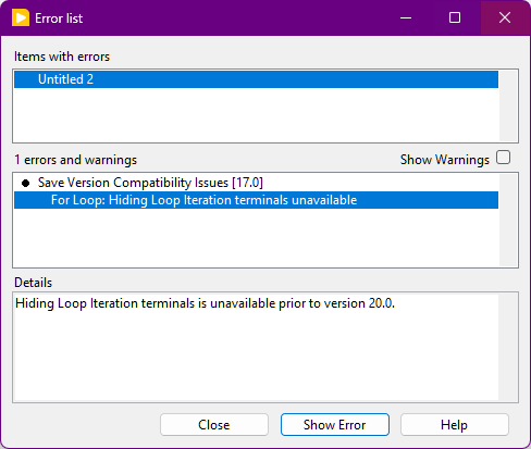 LabVIEW zeigt an, warum ein VI nicht in der gewählten Version gespeichert werden kann