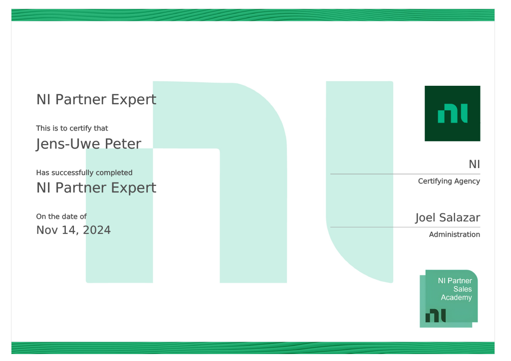 Zertifikat "NI Expert Partner" für Jens-Uwe Peter